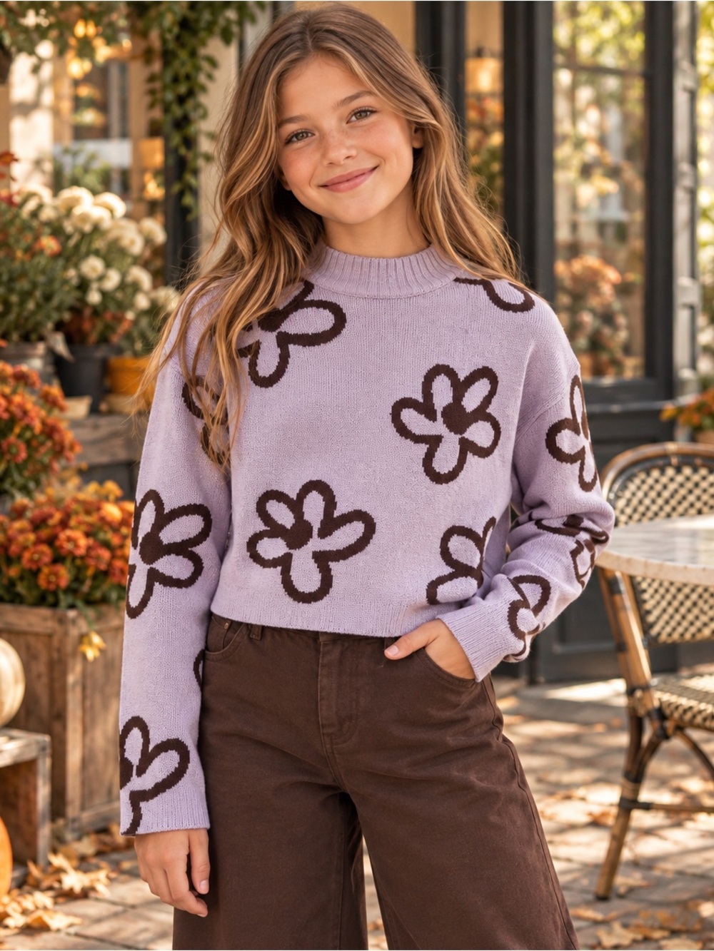 H&M Girls Lilac Brown Floral Mock Neck Sweater 10–12Y